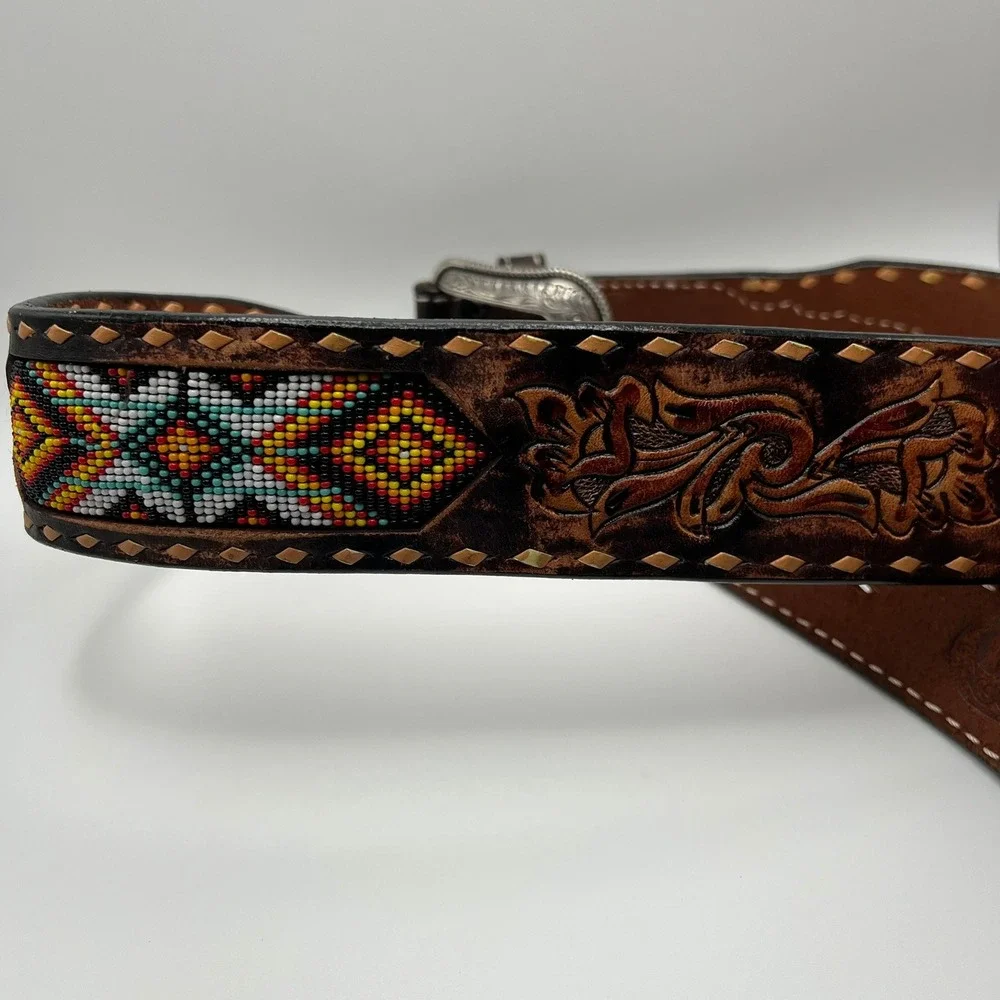 3D Men's Tooled Leather Western Belt Sz 32 – Floral Beaded Silver Buckle Rodeo